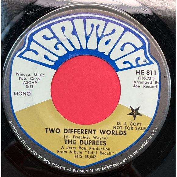 The Duprees Two Different Worlds 45 Sunshine Pop Promo Heritage 811 - Picture 2 of 4